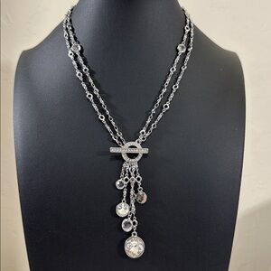 White House Black Market Convertible Crystal Charm T-Bar Silver Tone Necklace
